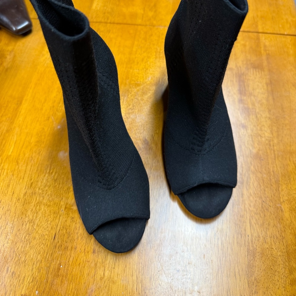 Black fabric open toe booty